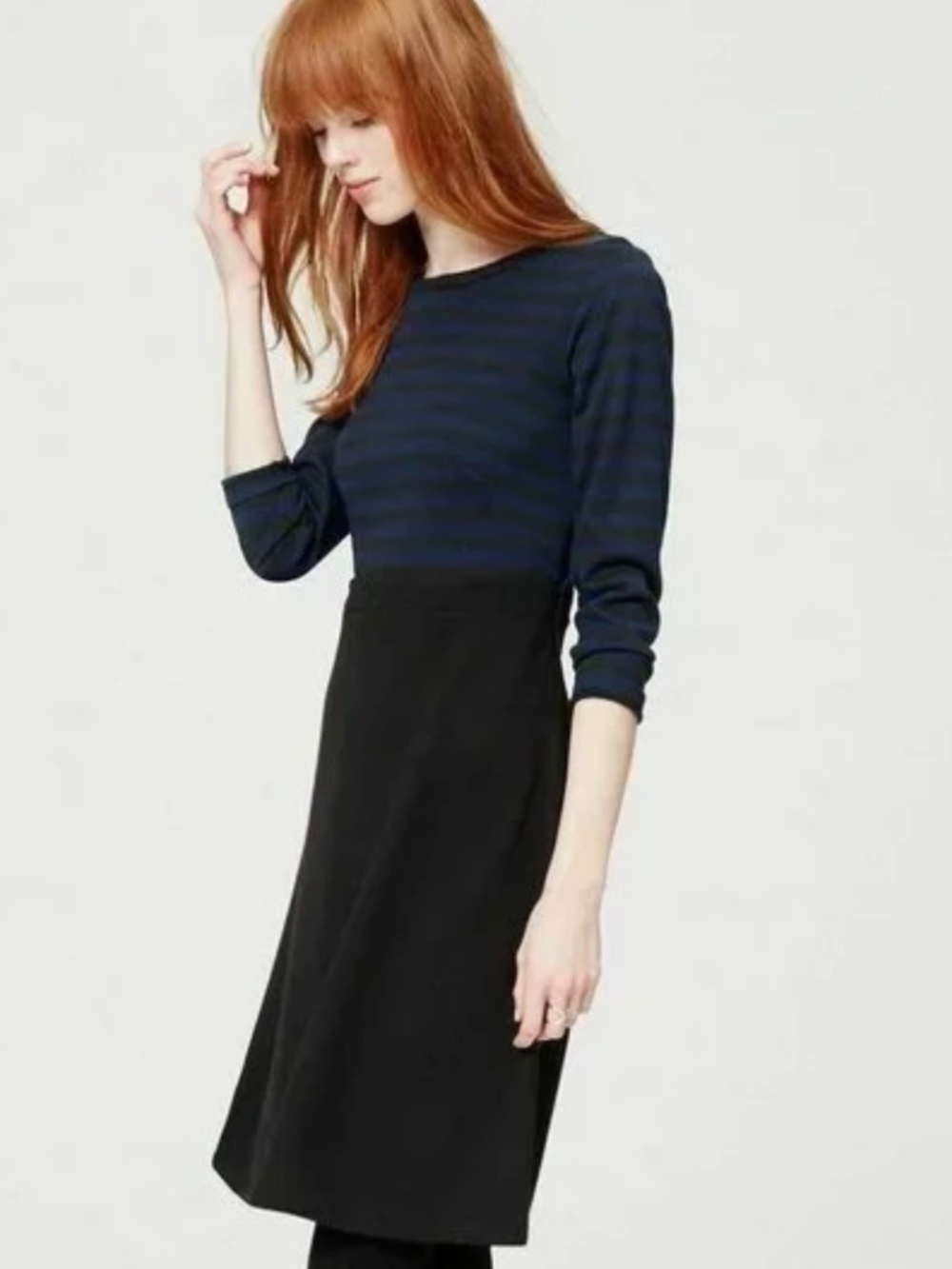 NWT Ann Taylor LOFT Black Blue 10P Fine-Knit Stripe Dress Fit Flare 3/4 Sleeve